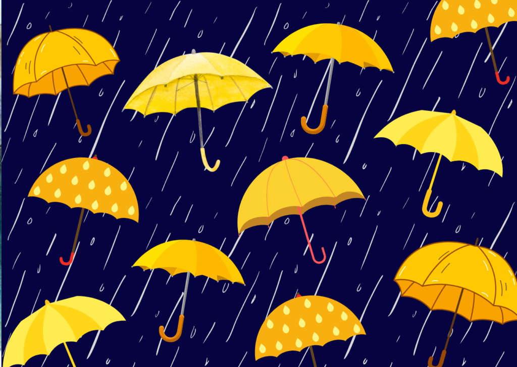 Lluvia de agua y paraguas amarillos