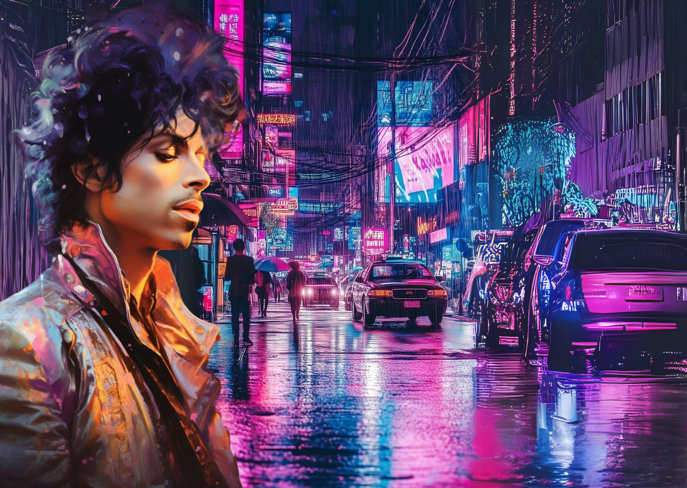 Prince de perfil, trás el la ciudad bajo una lluvia en tonos morados