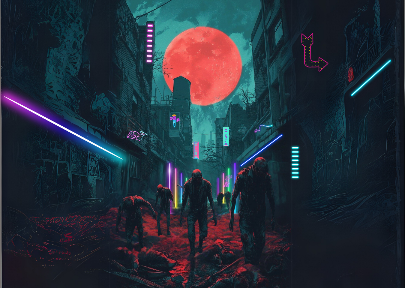 Zombies adiccion al consumo - Imagen en IA de zombies caminando por un barrio comercial